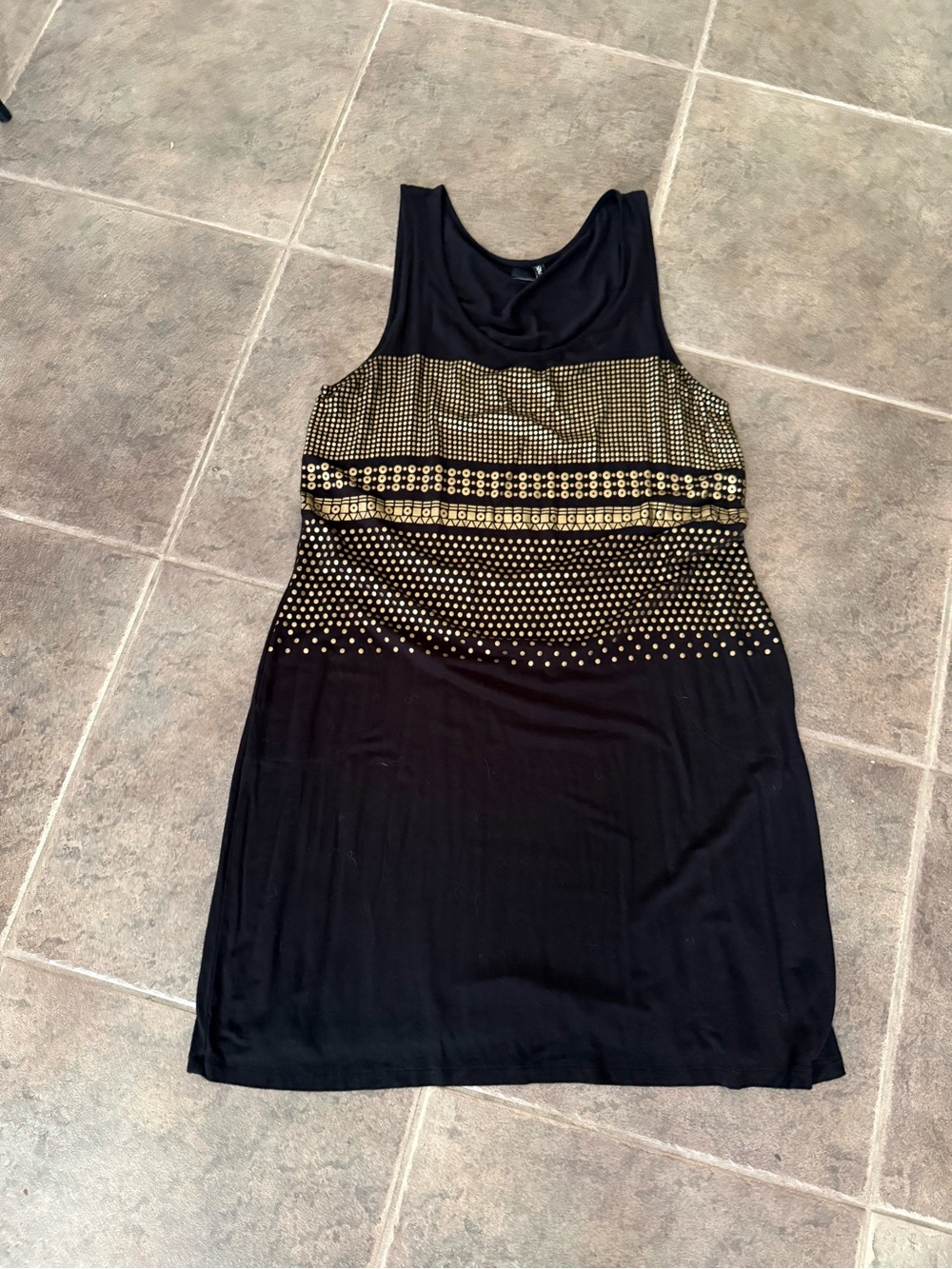 Simon Chang Black Midi Dress with Gold Stud Accents